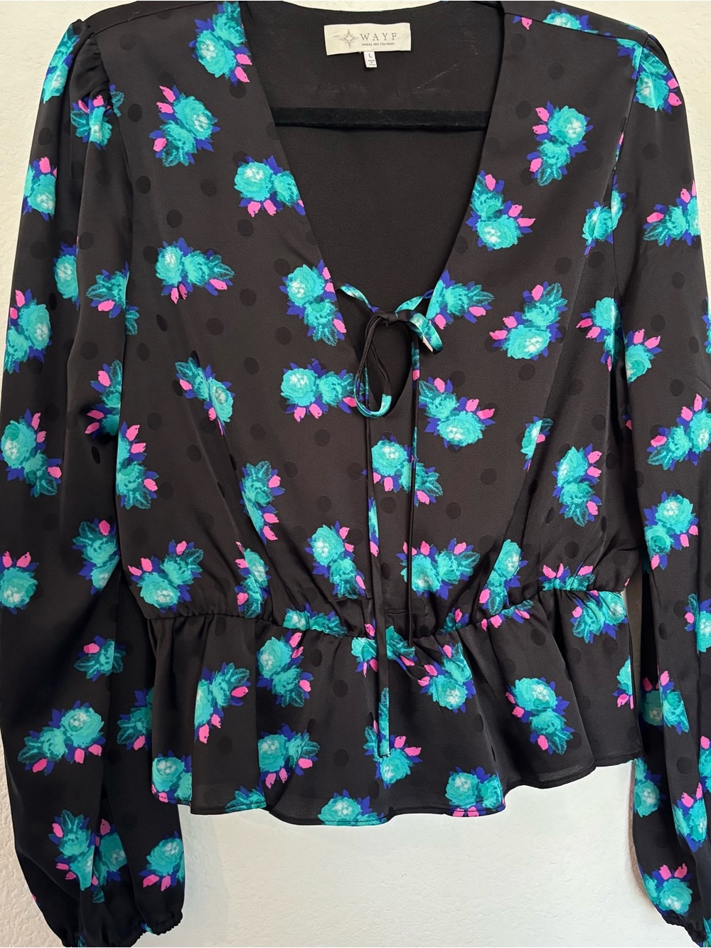 WAYF Floral Polka Dot Peplum Long Sleeve Blouse - Picture 3 of 6